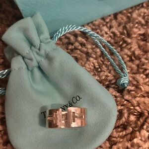 Tiffany & Co. Silver T Cutout Ring with Blue Pouch Size 8
